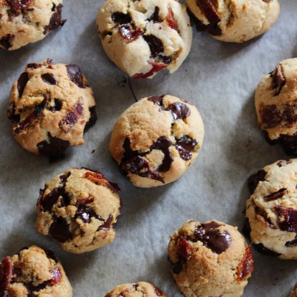 paleo chocolate chip bacon cookies on parchment paper