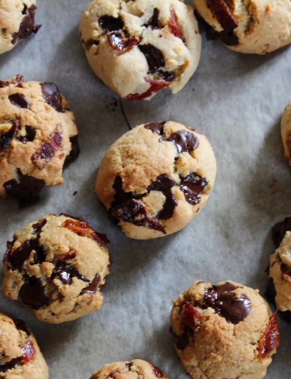 paleo chocolate chip bacon cookies on parchment paper