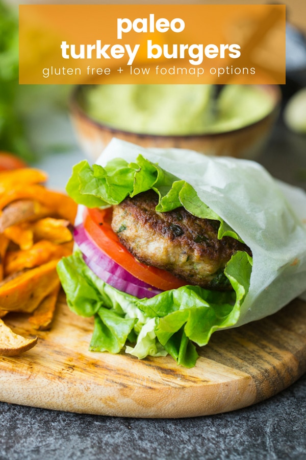Simple, juicy Paleo Turkey Burgers made with ground turkey, spinach, spring onions and a few seasonings! #GlutenFree + #Whole30 + #LowFODMAP Options #TurkeyBurgers #LowCarb #Keto