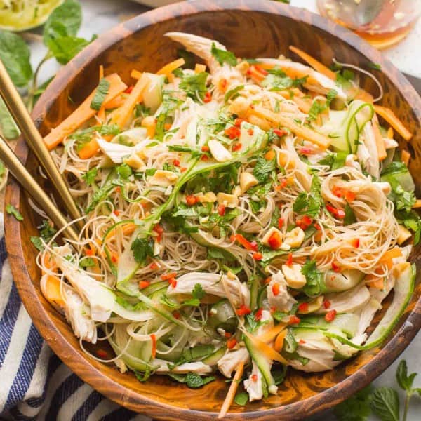 Vietnamese Chicken and Rice Noodle Salad in a salad bowl