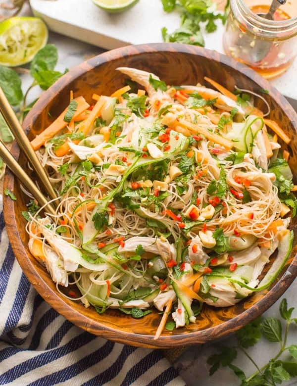 Vietnamese Chicken and Rice Noodle Salad in a salad bowl