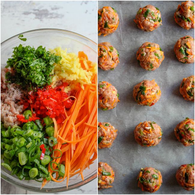 Thai Meatballs ingredients in a bowl in left picture and unbaked meatballs on baking tray on the right