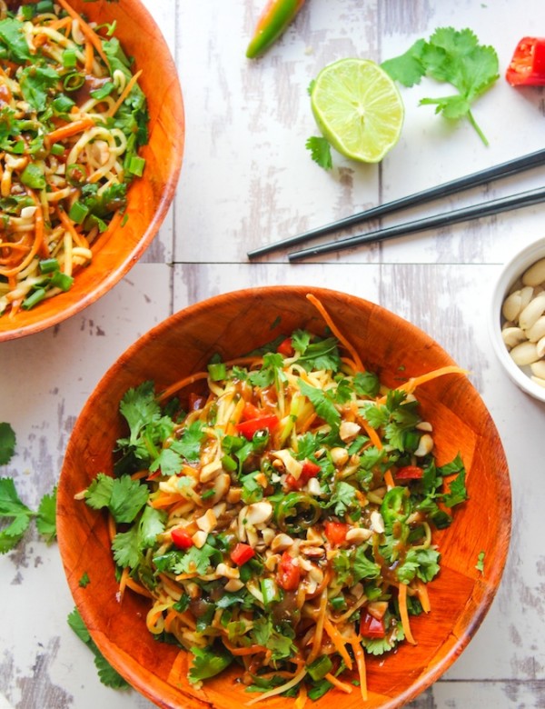 Veggie Pad Thai Salad with a sweet and savory peanut dressing - ready in 15 minutes or less. This spicy noodle bowl uses julienned zucchini in place of noodles making it perfect as light lunch or dinner side.