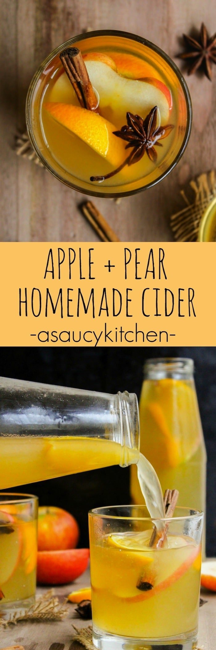 Fall in love with this apple pear cider made with fresh fruit and seasonal spices. Make in the crock pot and enjoy all day with the smell of cider brewing in the air! @asaucykitchen