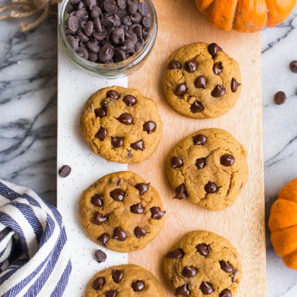 Gluten Free Vegan Pumpkin Chocolate Chip Cookies on a cutting board