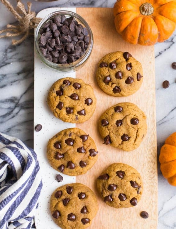 Gluten Free Vegan Pumpkin Chocolate Chip Cookies on a cutting board