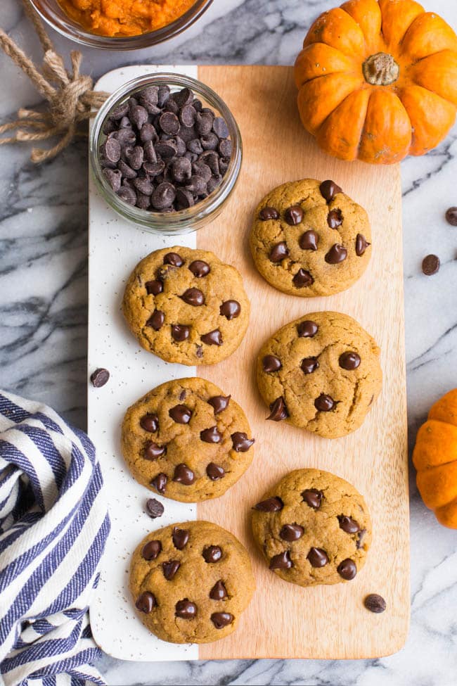 Gluten Free Vegan Pumpkin Chocolate Chip Cookies on a cutting board