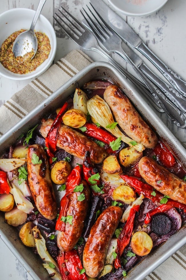 Sausage, Fennel and Pepper Roast in a baking dish