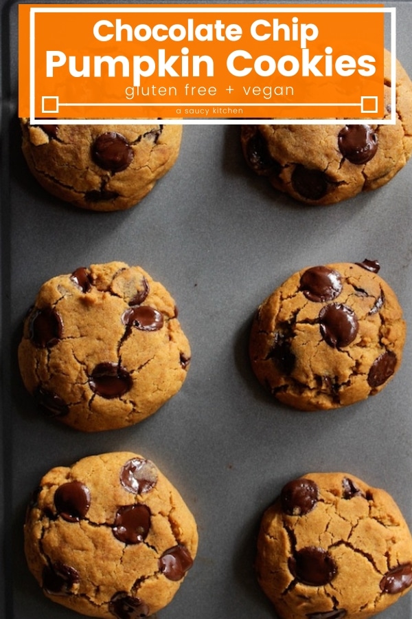 Melt-in-your-mouth, vegan chocolate chip pumpkin cookies. Soft, chewy, and ready in 30 minutes or less to satisfy any fall craving! #GlutenFree #Vegan #PumpkinCookies #FallRecipes #GlutenFreeBaking #FallBaking