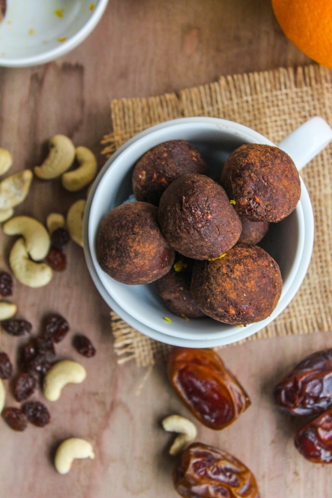 Homemade chocolate orange nakd bites made with just five ingredients - dates, raisins, cashews, cocoa, and a touch of zest. 