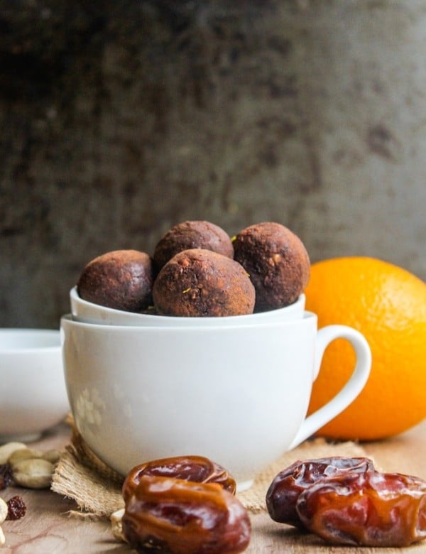 Homemade chocolate orange nakd bites made with just five ingredients – dates, raisins, cashews, cocoa, and a touch of orange zest.