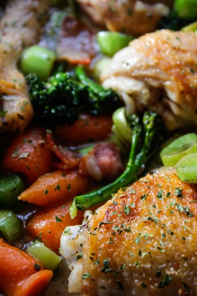 up close white wine braised chicken and veggies 