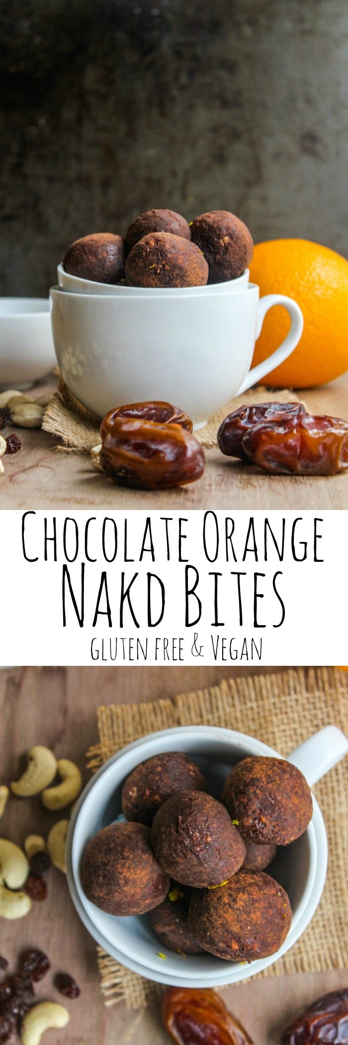 Homemade chocolate orange nakd bites made with just five ingredients – dates, raisins, cashews, cocoa, and a touch of orange zest. 