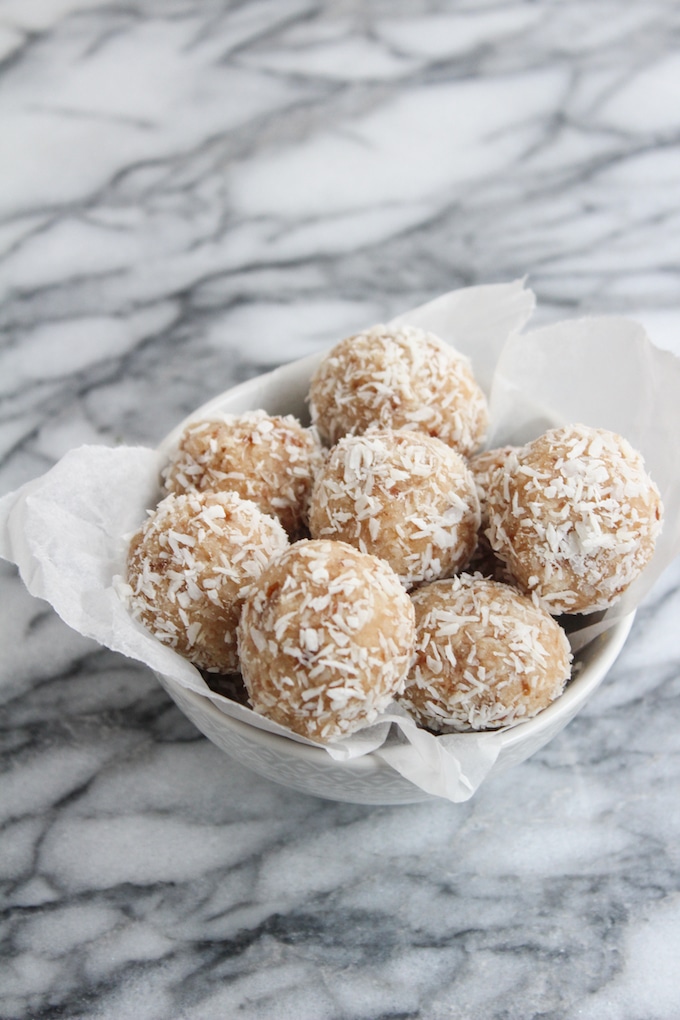 Coconut Date Snowballs - Easy to make nut free, vegan, and autoimmune friendly snack bite 
