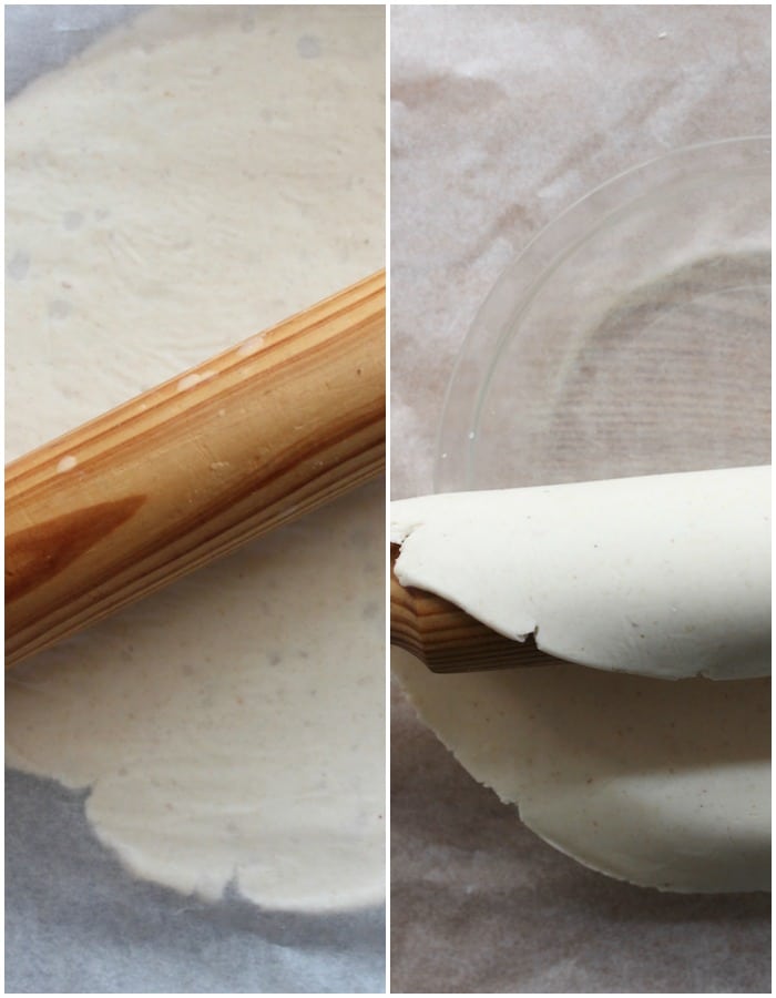 pie crust collage showing how to roll the dough and transfer to a baking pan with the rolling pin