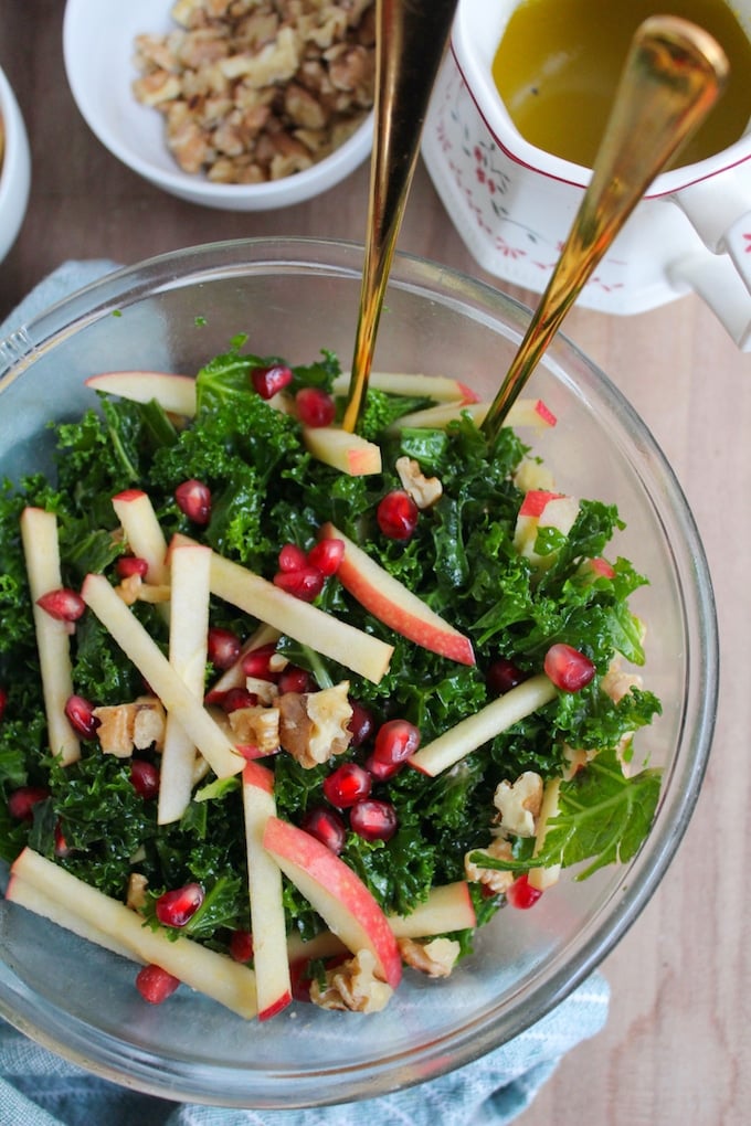 Kale Pomegranate Salad with Honey Mustard Dressing in a bowl
