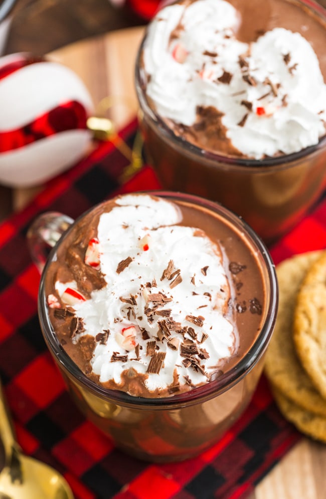 coconut milk peppermint hot chocolate topped with whipped cream, shaved chocolate and peppermint pieces 