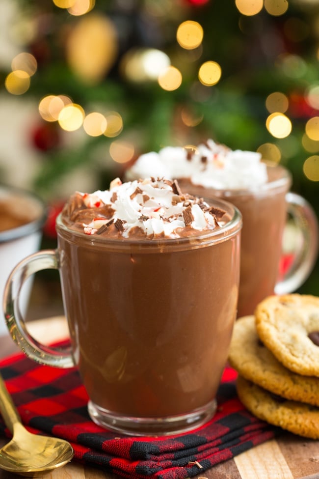 coconut milk peppermint hot chocolate topped with whipped cream and a side of cookies 