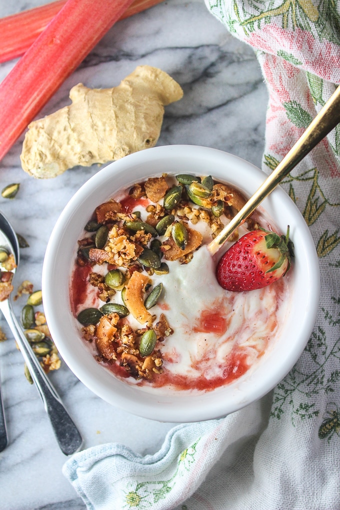 Rhubarb Ginger Yogurt topped with a maple and ginger nut topping | Gluten Free & Low FODMAP Breakfast ideas