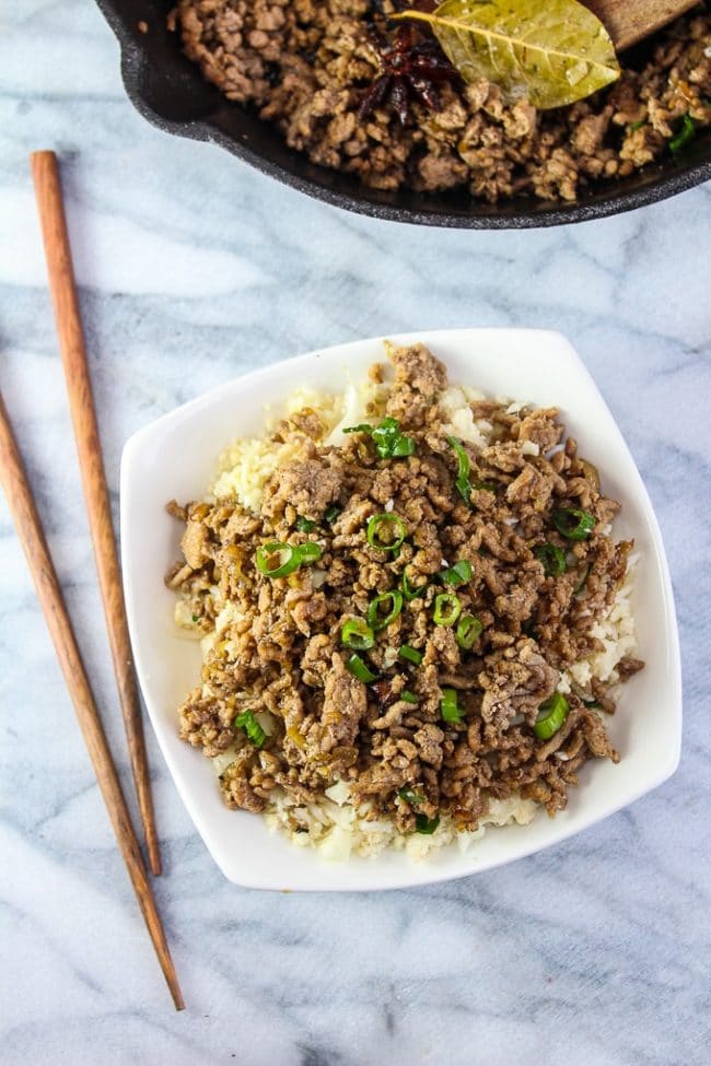 Taiwanese Minced Pork in a bowl topped with green onions