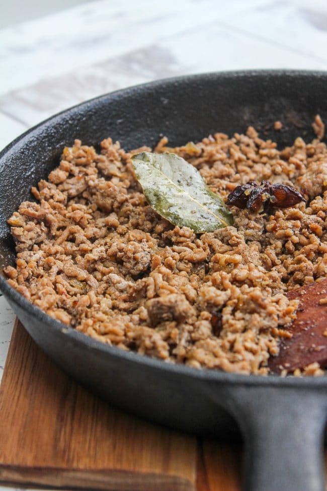  Taiwanese Minced Pork in a cast iron skillet with a bay leaf and star anise on top