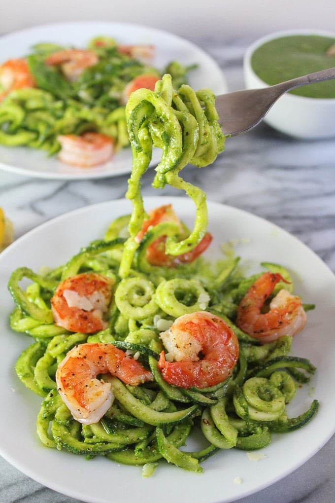 Chive Pesto Shrimp with Zoodles - low FODMAP, paleo, & Whole 30 approved!