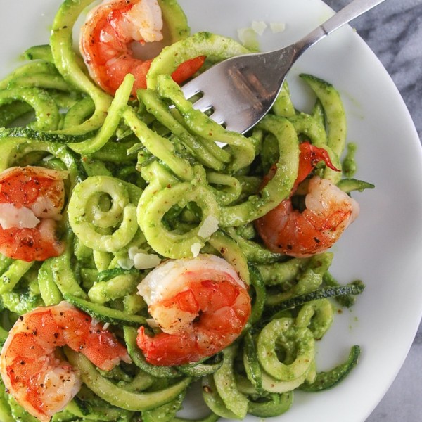 Lemony Chive Pesto Zoodles & Shrimp