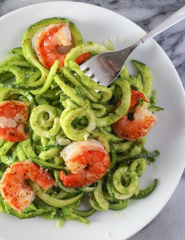 Lemony Chive Pesto Zoodles & Shrimp