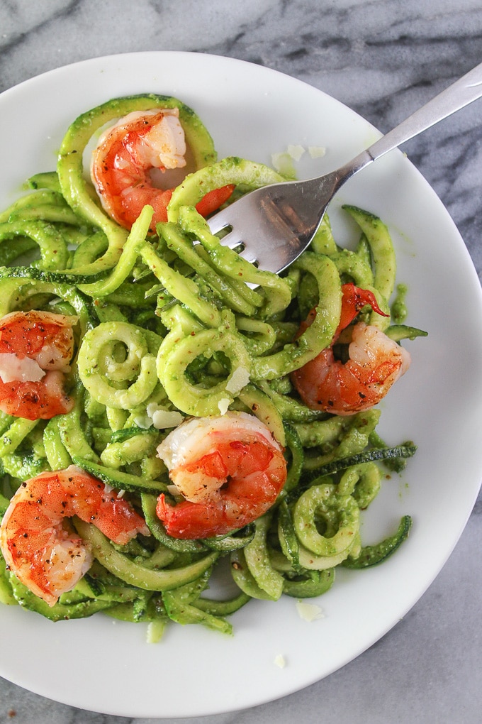 Chive Pesto Shrimp with Zoodles - low FODMAP, paleo, & Whole 30 approved!