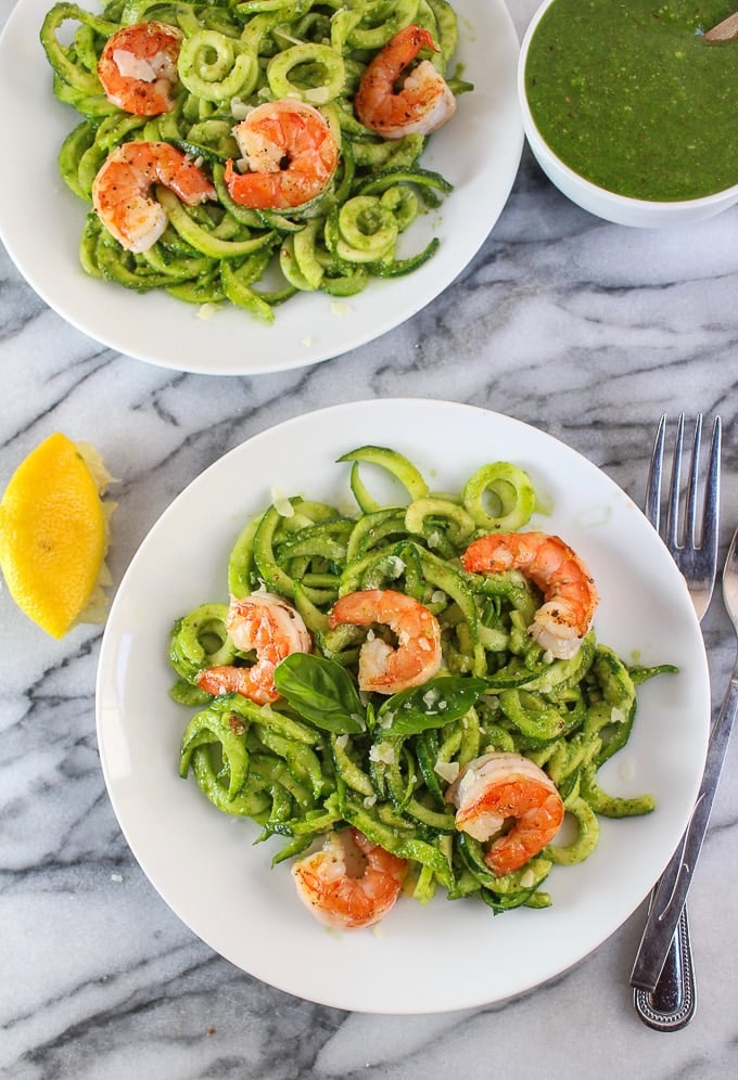 Chive Pesto Shrimp with Zoodles - low FODMAP, paleo, & Whole 30 approved!