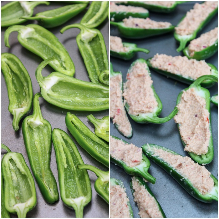 a bunch of jalopenos cut in half with the seeds removed and then stuffed with a cashew cream filling