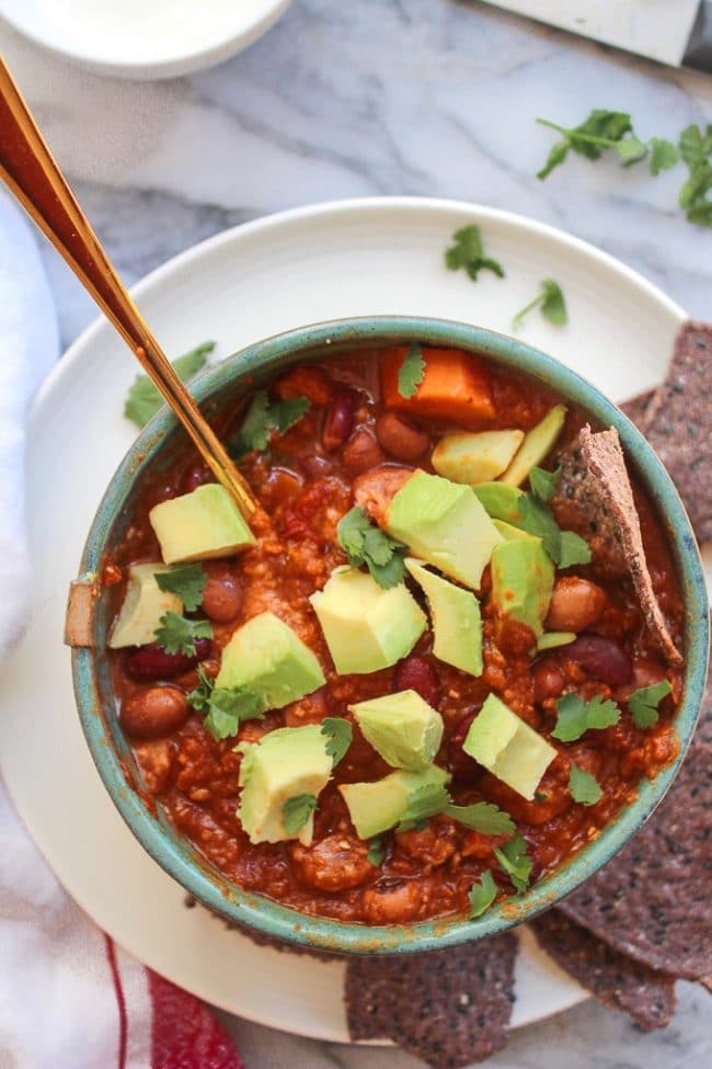 Chunky Vegetarian Chili in a green bowl