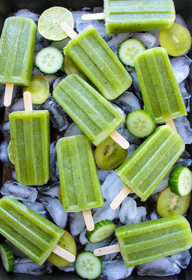 Cucumber Lime Mint Paletas on ice cubes