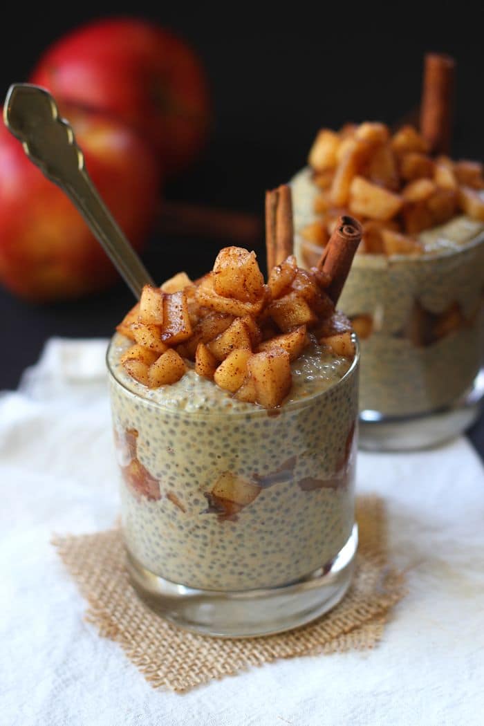Peanut Butter Chia Pudding with Cinnamon Simmered Apples | Connoisseurus Veg | 20 Swoon Worthy Chia Pudding Recipes | Gluten Free, Vegan, and Paleo options