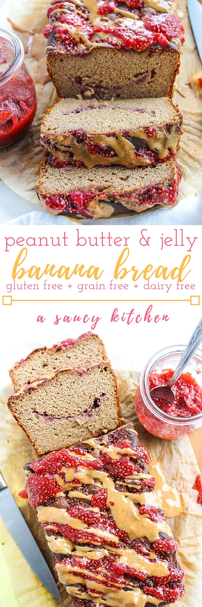 Peanut Butter and Jelly Banana Bread - Swap out the peanut butter for almond butter to make this Paleo friendly | Gluten free, dairy free, & grain free