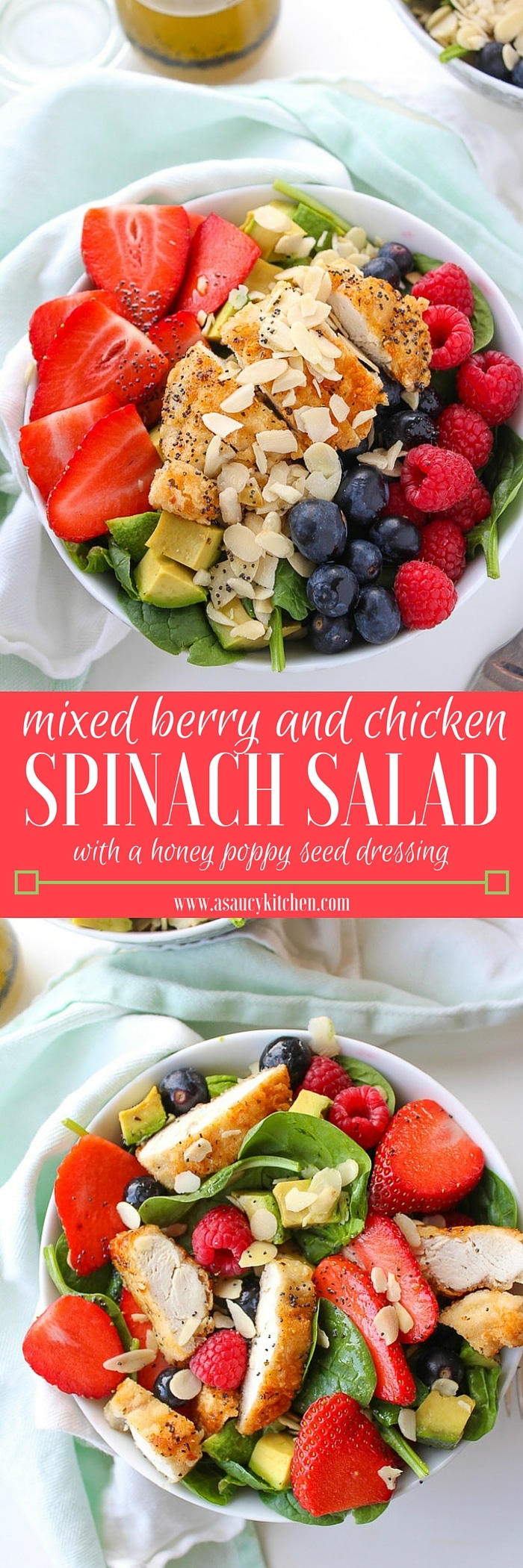 Mixed berry salad with avocado, pan fried chicken, almond and topped with a honey poppy seed dressing! 