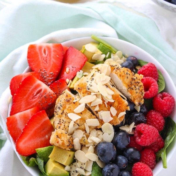 Mixed Berry, Chicken, and Avocado Spinach Salad