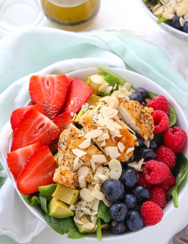 Mixed Berry, Chicken, and Avocado Spinach Salad