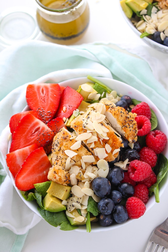 Mixed Berry, Chicken, and Avocado Spinach Salad