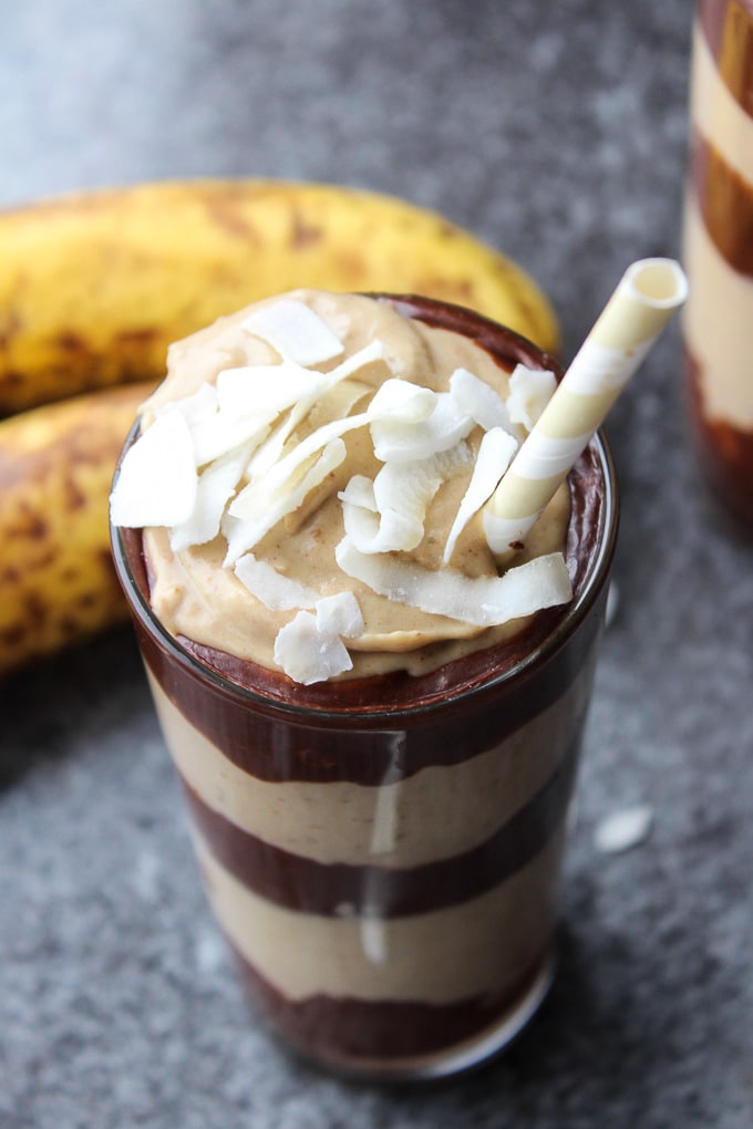 Layered Peanut Butter & Chocolate Banana Milkshakes | Vegan, Gluten Free, Refined Sugar Free @asaucykitchen
