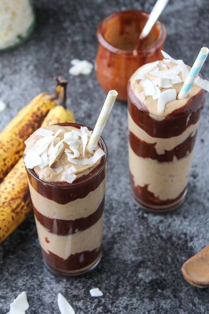 Layered Peanut Butter & Chocolate Banana Milkshakes | Vegan, Gluten Free, Refined Sugar Free @asaucykitchen