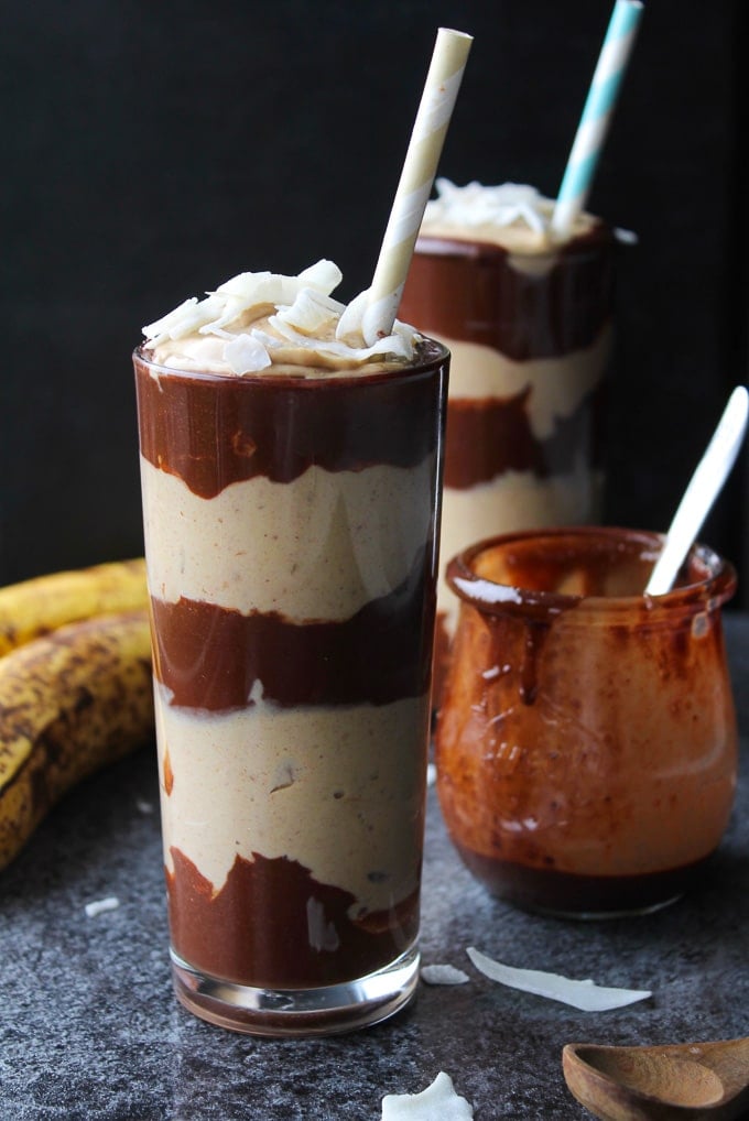 Layered Peanut Butter & Chocolate Banana Milkshakes | Vegan, Gluten Free, Refined Sugar Free @asaucykitchen