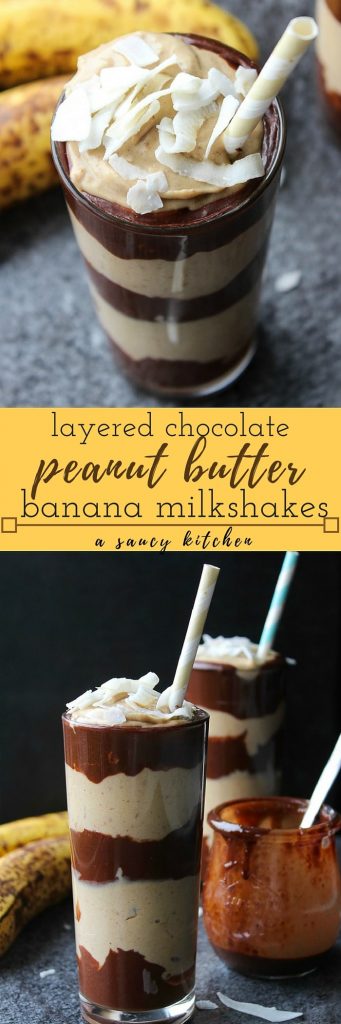 Layered chocolate and peanut butter banana milkshakes - thick, airy, and oh so decadent. Made with six ingredients! gluten free, vegan & naturally sweetened