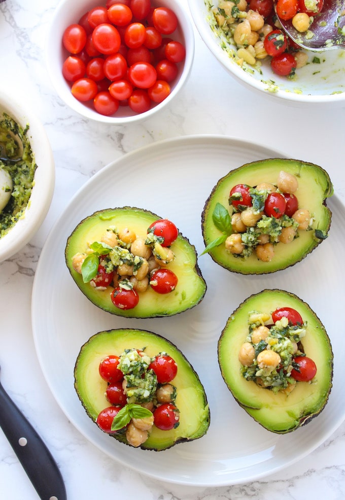 Pesto Tomato & Chickpea Stuffed Tomatoes | A fast, easy, no heat summer recipe | gluten free, low carb