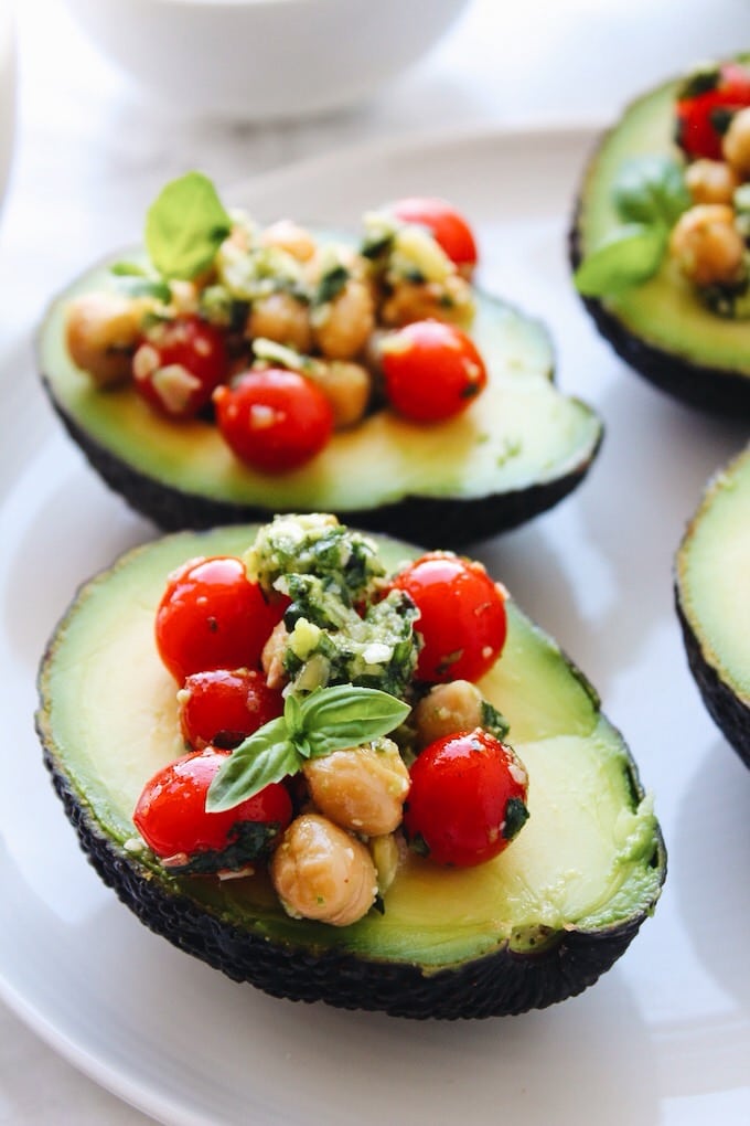 Pesto Tomato & Chickpea Stuffed Tomatoes | A fast, easy, no heat summer recipe | gluten free, low carb