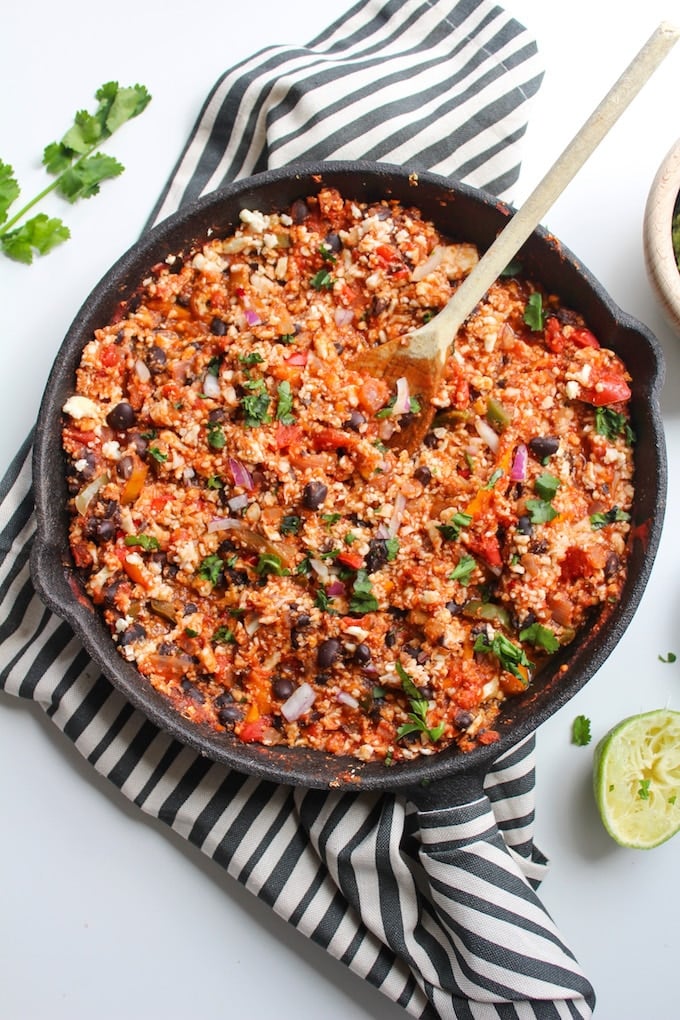 Mexican Style Cauliflower Rice with guacamole - an easy, one skillet plant based dinner | Grain Free, Vegan, Gluten Free