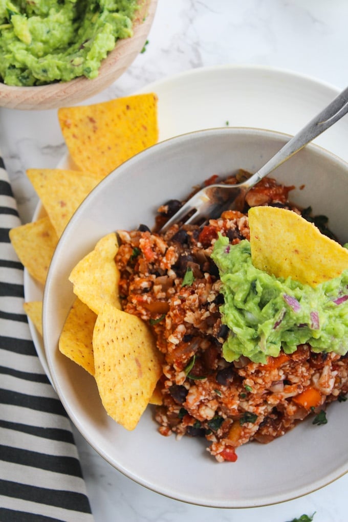 Mexican Style Cauliflower Rice with guacamole - an easy, one skillet plant based dinner | Grain Free, Vegan, Gluten Free