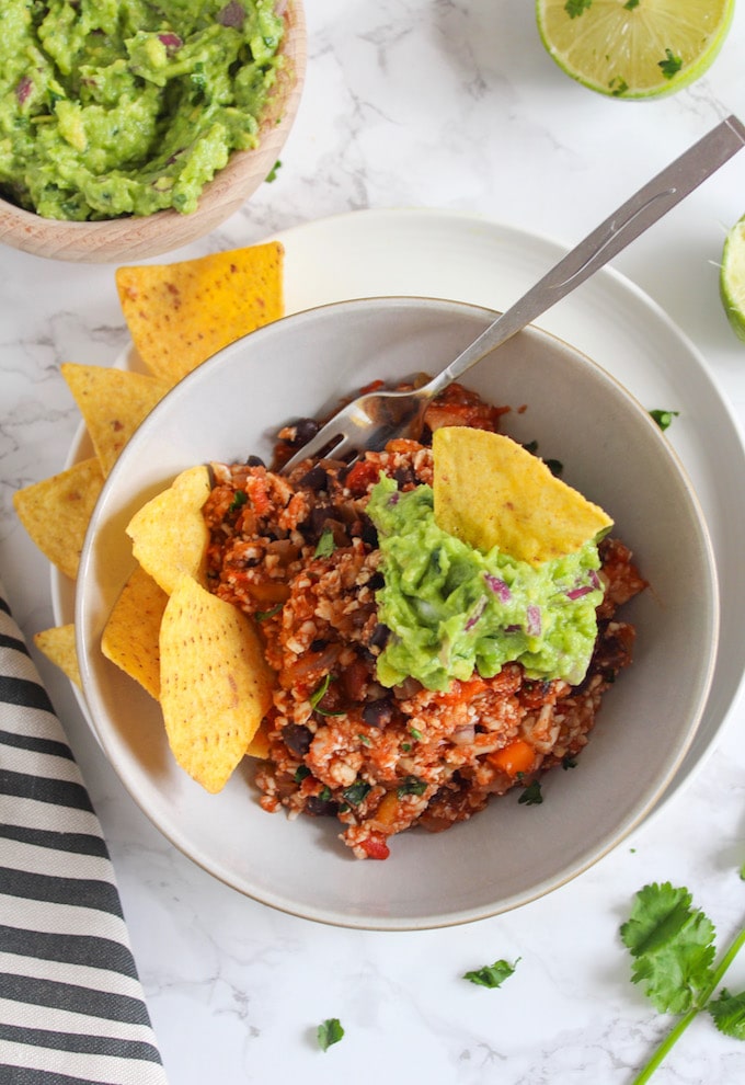 Mexican Style Cauliflower Rice with guacamole - an easy, one skillet plant based dinner | Grain Free, Vegan, Gluten Free