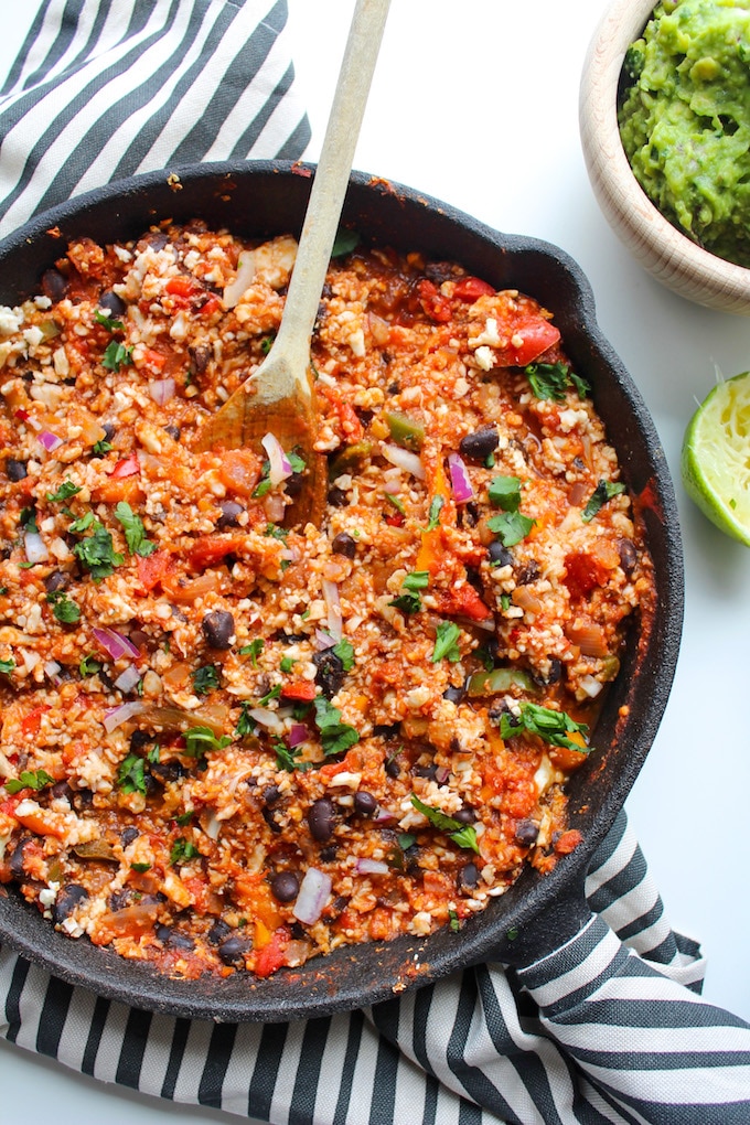 Mexican Style Cauliflower Rice with guacamole - an easy, one skillet plant based dinner | Grain Free, Vegan, Gluten Free