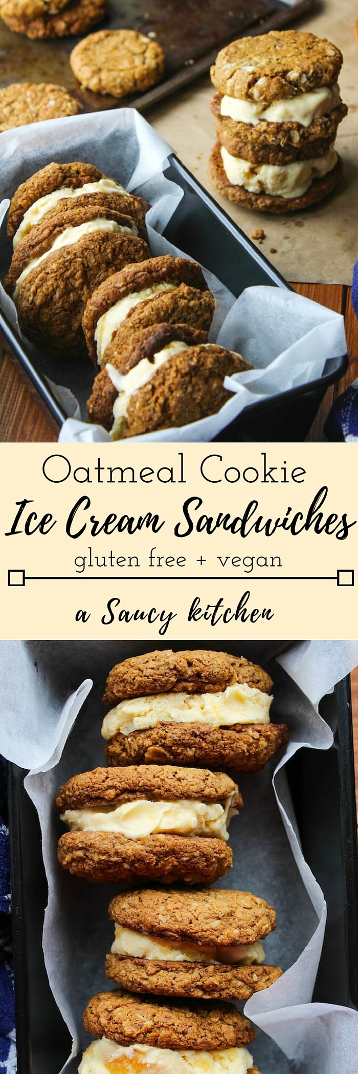 Gluten free & vegan oatmeal cookies - soft, chewy, and perfect for turning into ice cream cookie sandwiches.